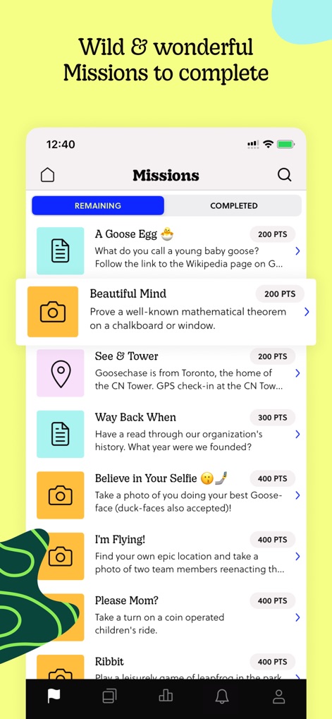 Goosechase - Users can explore a diverse array of challenges, from text-based 'A Goose Egg' missions to location-aware 'See & Tower' GPS check-ins, each clearly displaying assigned points.