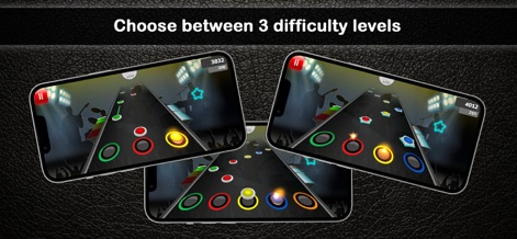 Guitar Flash - Esta captura muestra la versatilidad de la aplicación, permitiendo a los usuarios elegir entre 3 niveles de dificultad, evidenciando diferentes densidades de notas y patrones en las pistas de juego.