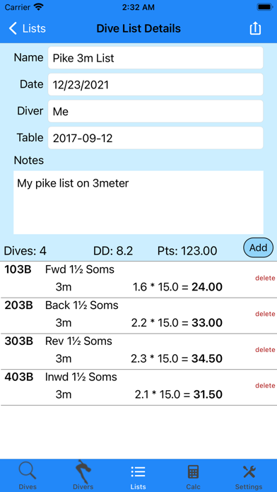 Dive List Screenshot