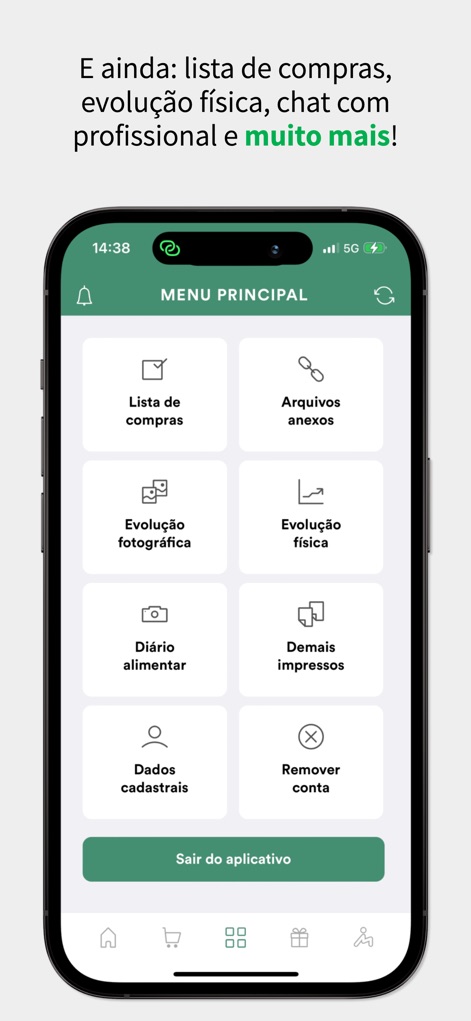 WebDiet para pacientes - Explore the comprehensive main menu, offering various tools from a shopping list to detailed photographic and physical evolution tracking.