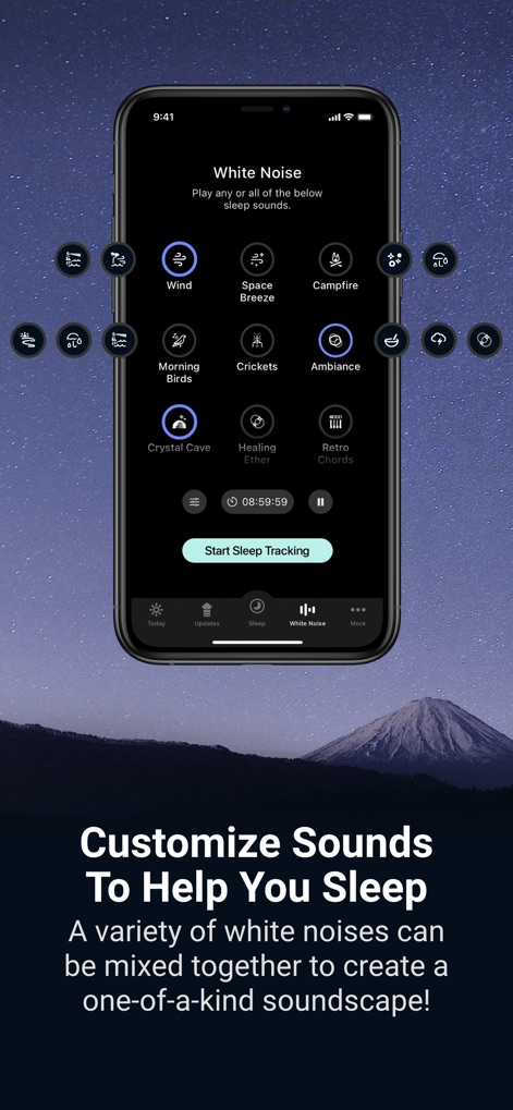 SleepWatch - Top Sleep Tracker - Users can blend diverse "white noise sound options" like Wind and Campfire, then initiate tracking with the "Start Sleep Tracking" feature for personalized relaxation.