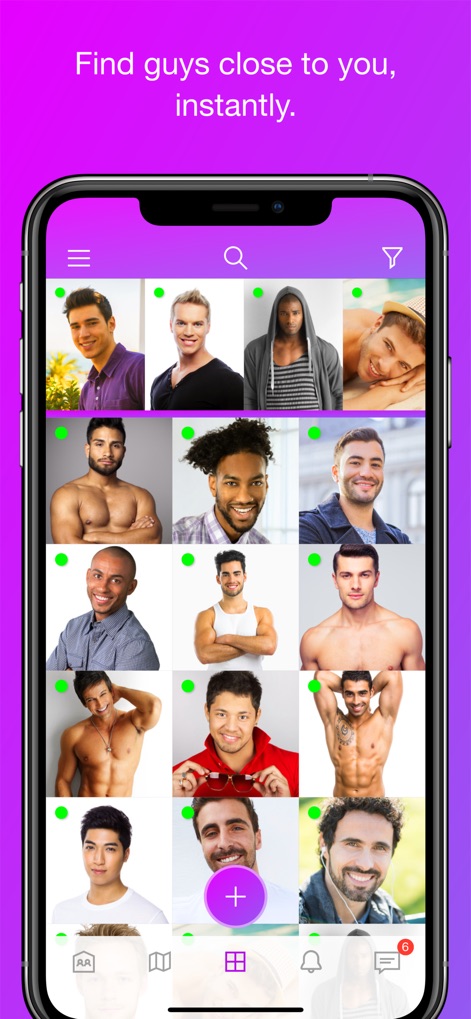 Shuggr - L'application permet aux utilisateurs de parcourir une grille de profils détaillée et d'utiliser l'icône de filtre intuitive pour affiner leurs recherches de connexions locales.