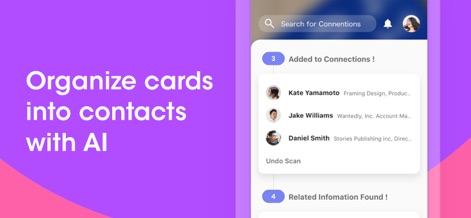 Wantedly People - Users can observe the app's efficiency as scanned cards are transformed into an organized list of new contacts and related information is automatically found.