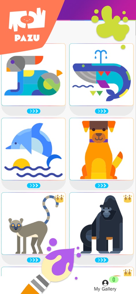 Coloring games - for toddlers - Nutzer finden hier eine umfangreiche Sammlung von Tiermotiven, darunter einen majestätischen Wal und einen verspielten Delfin, und können ihre Kunstwerke in der integrierten 'Meine Galerie'-Funktion speichern.