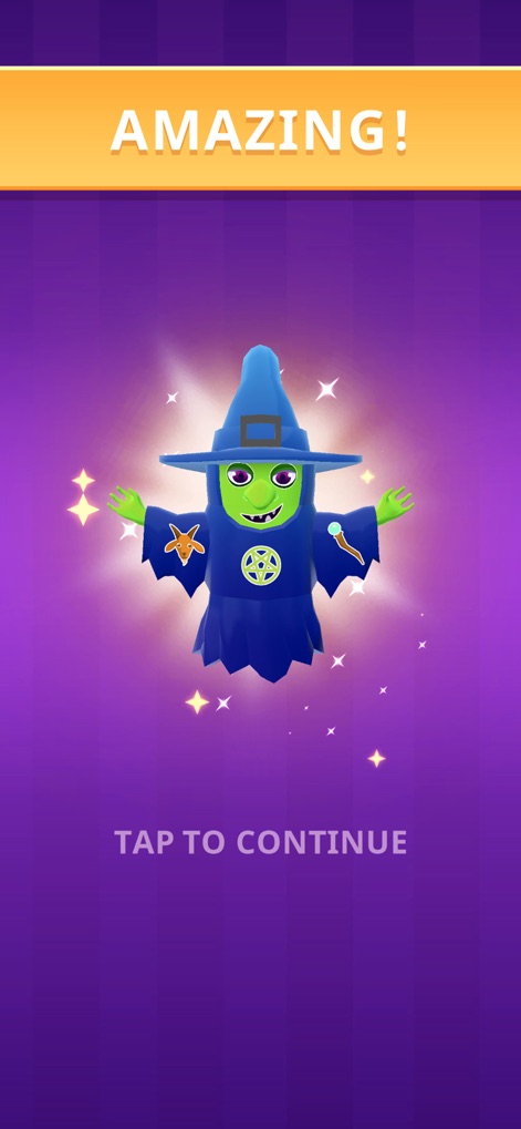 Super Toy 3D - Witness the exciting reveal of a newly completed toy, such as this glowing witch figure, accompanied by a celebratory "Amazing!" banner for player achievement.