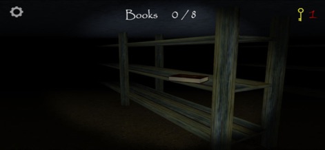 Slendrina The Cellar - See how players locate essential items, like the missing book found on a shelf, directly impacting the 'Books 0/8' objective count shown in the game's interface.