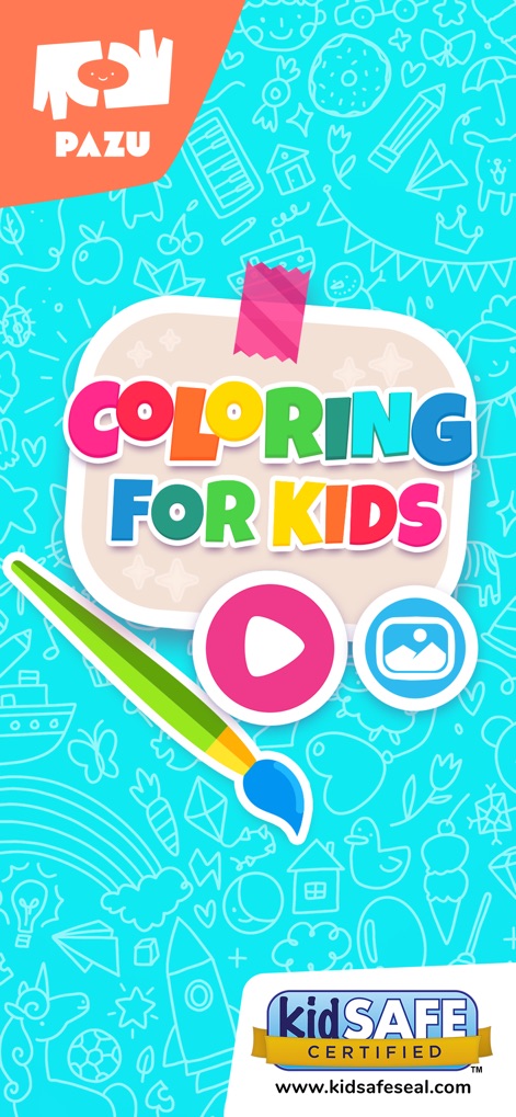 Coloring games - for toddlers - Der Startbildschirm präsentiert den klaren Titel 'COLORING FOR KIDS' und das sichtbare 'KidSafe Certified'-Siegel, welches die Einhaltung strenger Sicherheitsstandards für Kinder digital hervorhebt.