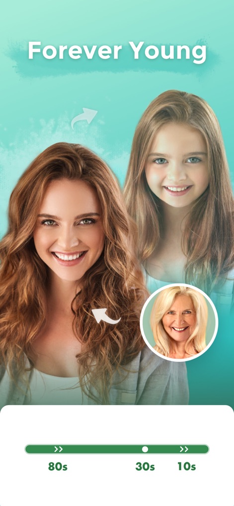 illus - Face Effects Editor - Discover dynamic age progression effects, showcasing both a younger version of a woman and various age range selectors for precise control.