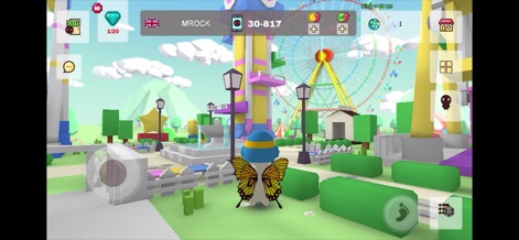 MilkChoco - Online FPS - The app presents a vibrant lobby environment, showcasing a character with distinctive butterfly wings and a playful Ferris wheel in the background.