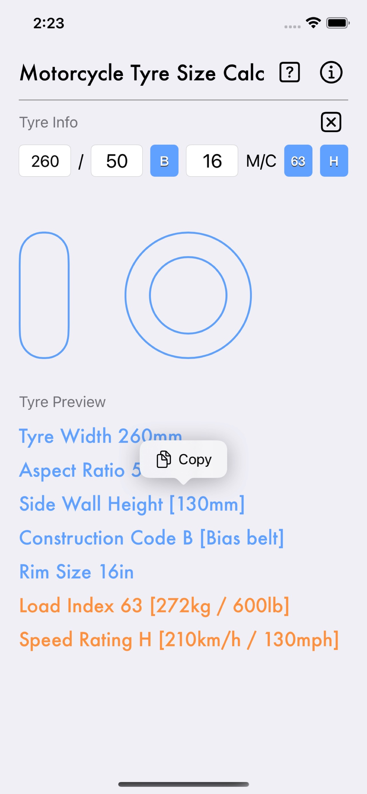 Motorcycle Tyre Size Calc
