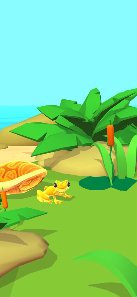 Evolution Merge - Eat and Grow - The app features a charming scene presenting an evolved yellow frog-like creature beside a large turtle shell, set against a simple yet appealing green landscape and blue sky.