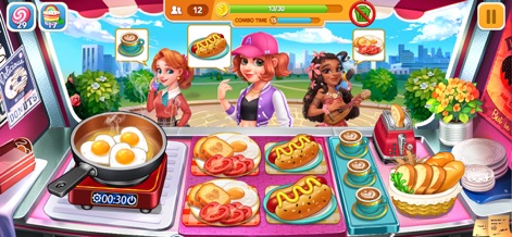 Cooking Frenzy® Crazy Chef - This scene highlights the app's engaging cooking stations, where players can prepare classic diner dishes like hot dogs and perfectly fried eggs for eager customers.