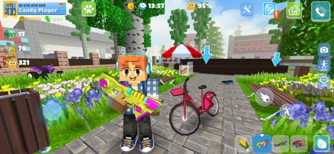 School Party Craft - Este parque urbano invita a la exploración, mostrando un sendero bordeado de flores y un personaje con un arma de paintball, ideal para actividades recreativas.