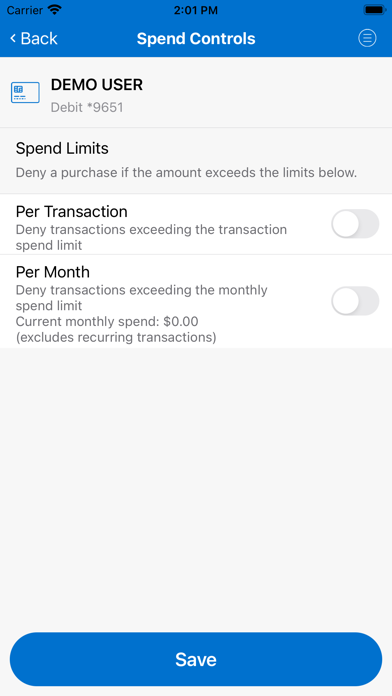 Ohio Catholic FCU Card Control Screenshot