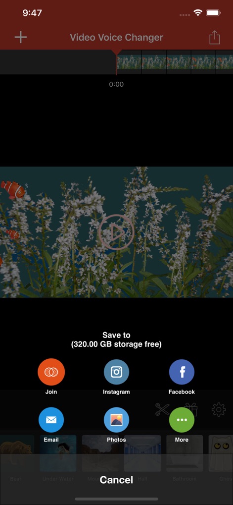 Video Voice Changer Pro - The app facilitates effortless sharing, allowing users to "Save to" their device or instantly publish their transformed videos to popular social media platforms like "Instagram" and "Facebook."