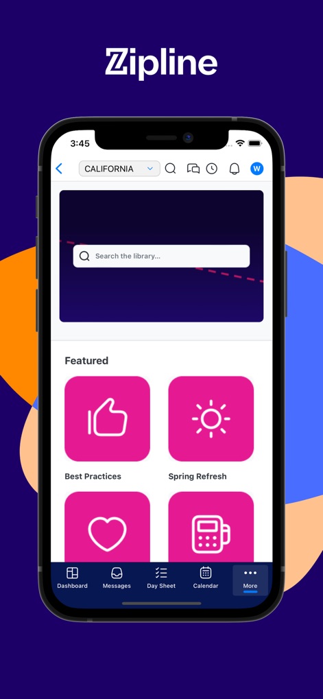 Zipline Inc. - The app provides instant access to valuable knowledge through a comprehensive 'Search the library' bar and curated 'Featured' content sections.