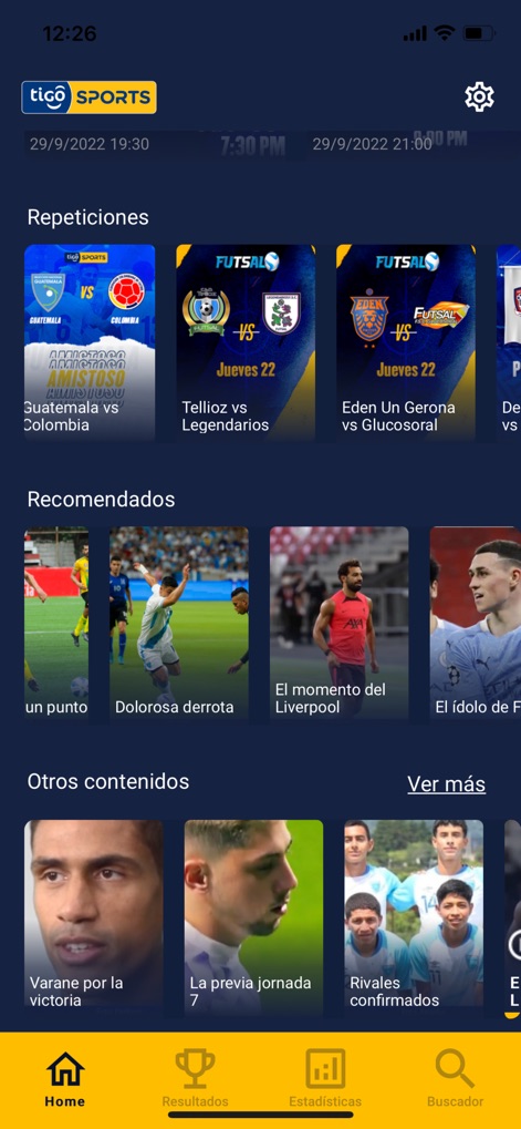 Tigo Sports Guatemala - Plongez dans l'abondance de contenu avec la section 'Repeticiones' pour revivre les matchs et explorez les flux 'Recomendados' et 'Otros contenidos' offrant une sélection riche et personnalisée d'actualités.