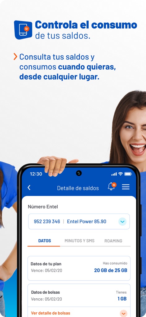 Mi Entel Perú - Cet outil permet une visibilité complète sur l'utilisation des services, affichant clairement les "données du plan" et les "sacs de données" restants, garantissant un contrôle précis et en temps réel.