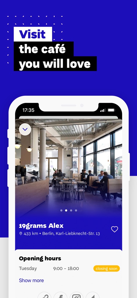European Coffee Trip - The app offers in-depth cafe profiles featuring large, engaging imagery and dynamic information like 'Opening hours' with 'Closing soon' indicators, ensuring users have all necessary details before their visit.
