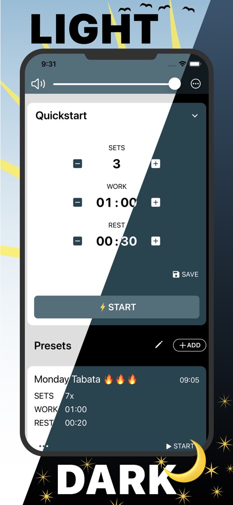 Interval Timer Plus - 本アプリはユーザーの好みに合わせて「ダークモード」と「ライトモード」の両方をサポートしています。これにより、ユーザーはどのような照明環境でも快適にアプリを利用でき、目の負担を軽減しながらトレーニングに集中できます。