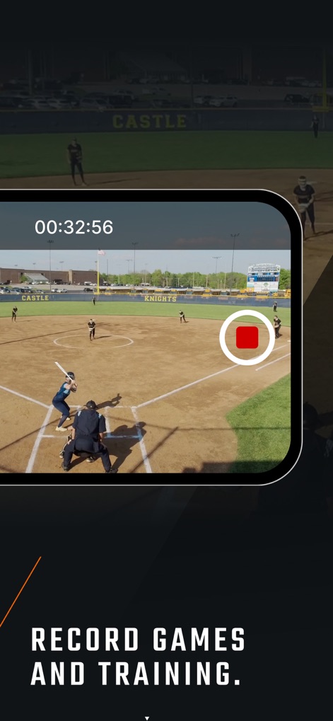 Hudl - Das Tool bietet eine unkomplizierte Möglichkeit, Live-Spiele oder Trainingseinheiten direkt über das Gerät aufzunehmen, erkennbar am prominent platzierten Aufnahme-Button und dem Echtzeit-Timer.