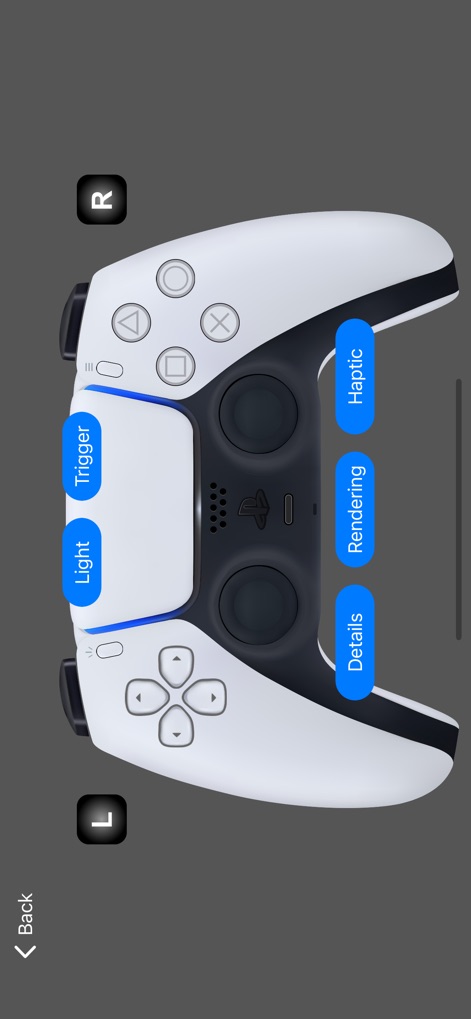 Game Controller Tester Gamepad - O aplicativo exibe um modelo detalhado do controle PlayStation 5 DualSense, permitindo testar funcionalidades avançadas como o feedback háptico e os gatilhos adaptativos.