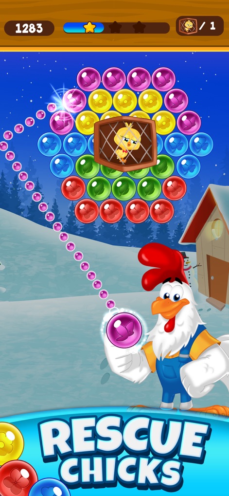 Farm Bubbles Bubble Shooter - Discover how the app features adorable trapped chicks and provides clear 'RESCUE CHICKS' objectives for players to achieve.