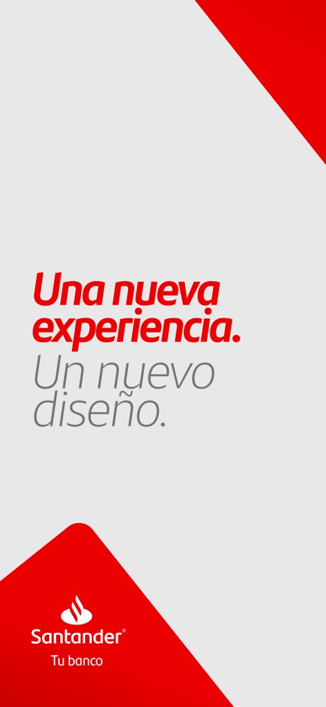 Santander PASS cl - La pantalla inicial presenta el mensaje central "Una nueva experiencia. Un nuevo diseño." y el distintivo logo de Santander, anunciando la modernización de la aplicación.