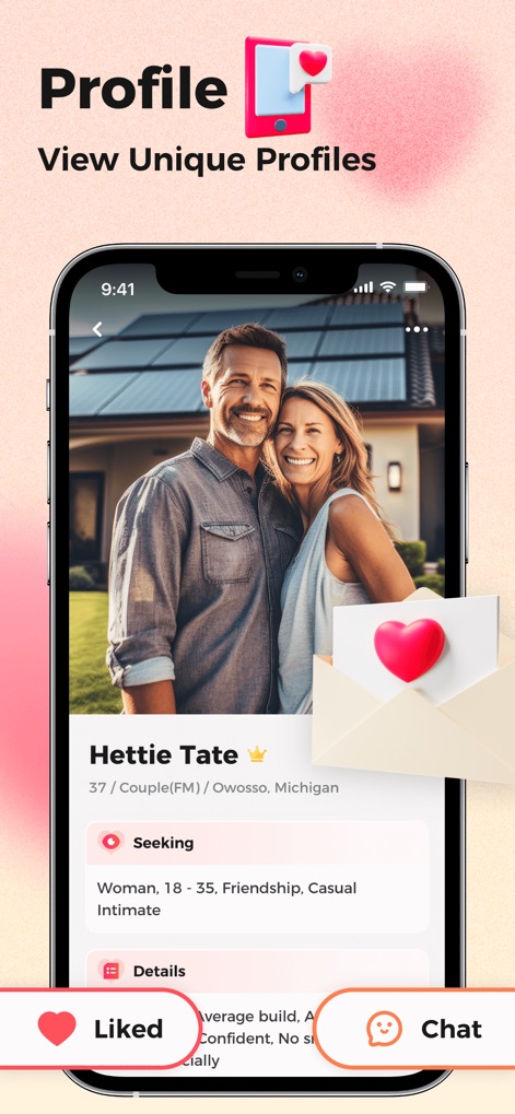 3way: Couples & Singles Dating - Users can explore comprehensive profiles that detail relationship preferences and personal information, highlighted by clear seeking categories and interactive 'Liked' and 'Chat' action buttons.