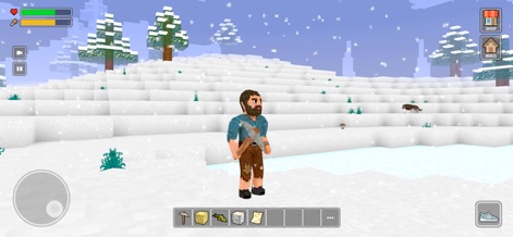 Craft World 3D: Sandbox Games - The app features diverse biomes, from snowy landscapes to lush forests, enabling players to customize their character and brave the elements with essential survival tools like a pickaxe.
