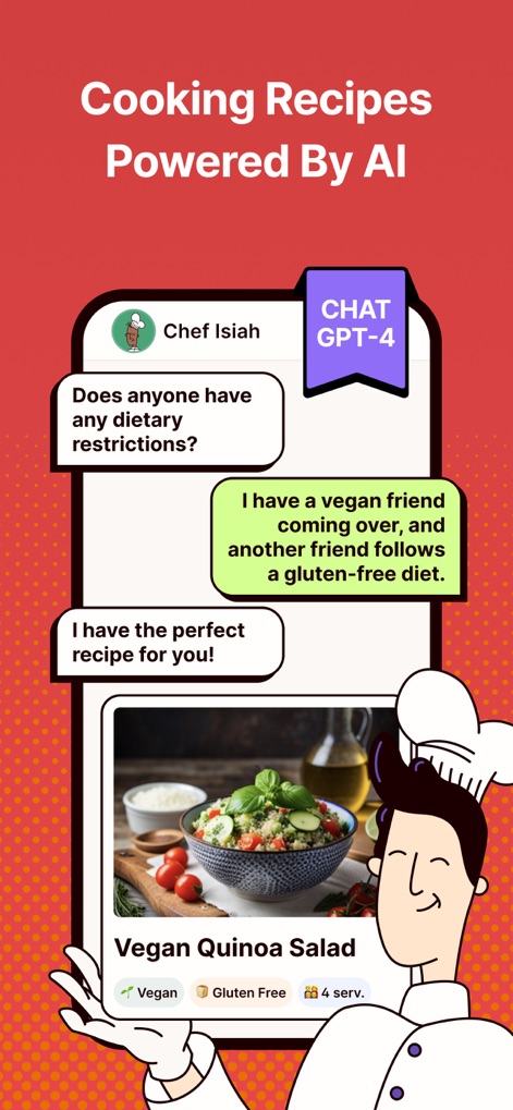 Magic Chef AI Recipe Generator - Die App ermöglicht Nutzern, ihre individuellen Ernährungsbedürfnisse mit dem KI-Koch zu besprechen und erhält daraufhin passgenaue Rezepte, wie hier den "Vegan Quinoa Salad", der auch als "Gluten Free" gekennzeichnet ist.