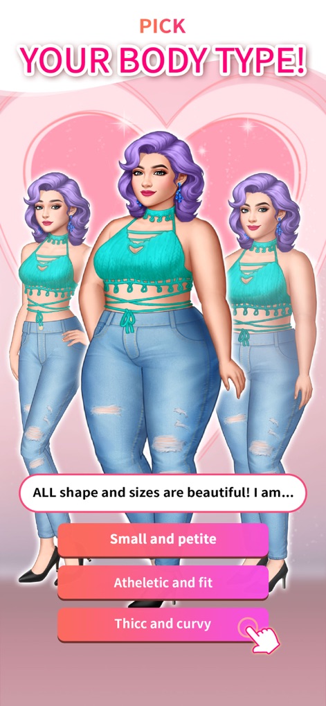Spotlight: Choose Your Romance - Spotlight empowers users to personalize their avatar's physique, offering a range of body types from petite to athletic to curvy, with interactive buttons to select options like 'Small and petite' or 'Thicc and curvy'.