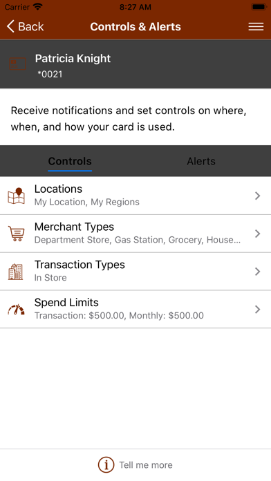 Pioneer Bank Card Control Screenshot