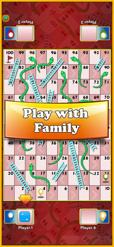 Snakes and Ladders: Snake Game - Users can visualize the "Play with Family" option, showcasing the classic board layout and the intuitive local multiplayer interface designed for shared enjoyment on a single device.