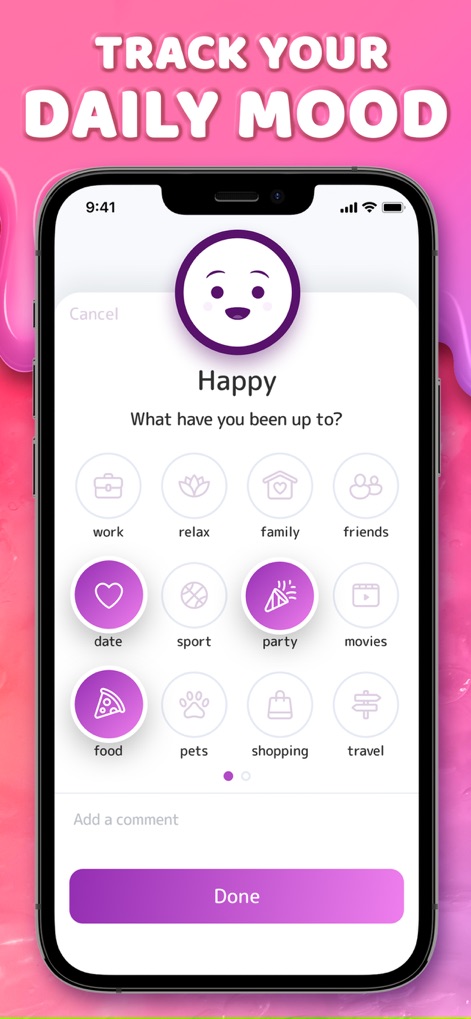 Mood Balance:Self Care Tracker - Users can easily log their daily mood by selecting an emoji and categorizing the cause with specific activity icons, like 'work' or 'party'.