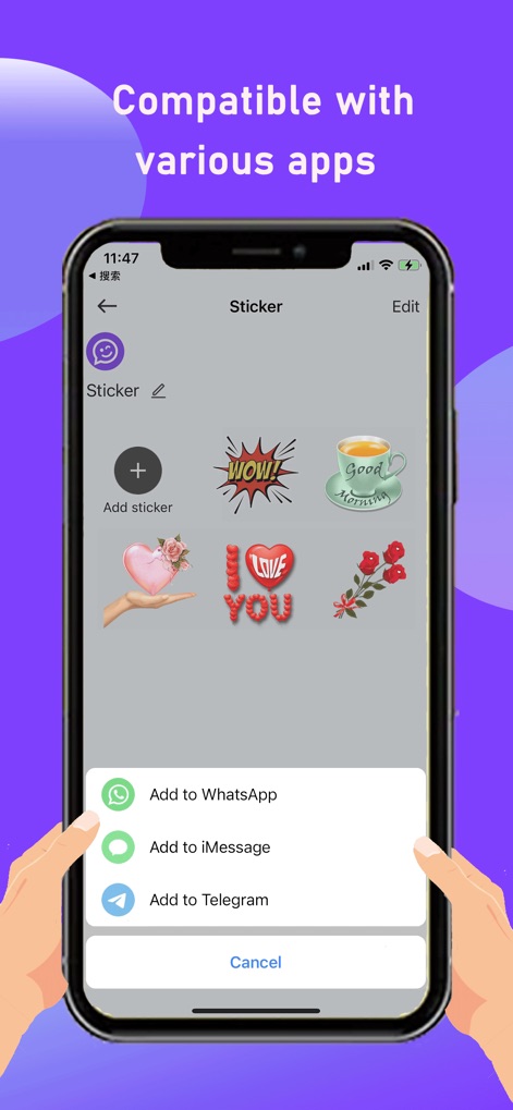 Text Stickers - Sticker Maker - Witness the app's versatility as it seamlessly integrates with messaging platforms like WhatsApp, iMessage, and Telegram via a clear export menu.