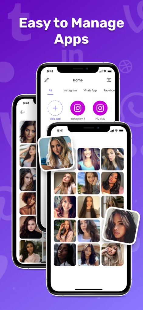 Parallel Space - Dual Account - Users can efficiently organize their cloned applications through the categorized 'Home' screen, which prominently displays distinct app instances like 'Instagram 1' and 'My kitty' in a layered interface.