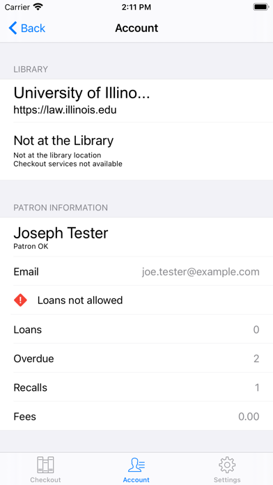 U of I Law Library Check-Out Screenshot