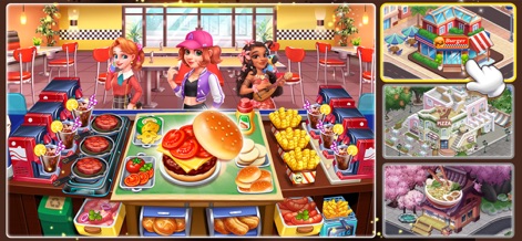 Cooking Frenzy® Crazy Chef - The app presents a bustling burger kitchen for active cooking, alongside a strategic world map interface that allows users to unlock and expand their culinary empire across various restaurant themes.