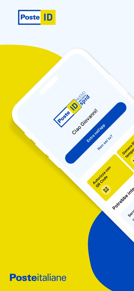 PosteID - The app's clear main interface allows users to quickly access their digital identity and features prominent options for 'Entra nell'app' and 'Autorizza con QR Code'.