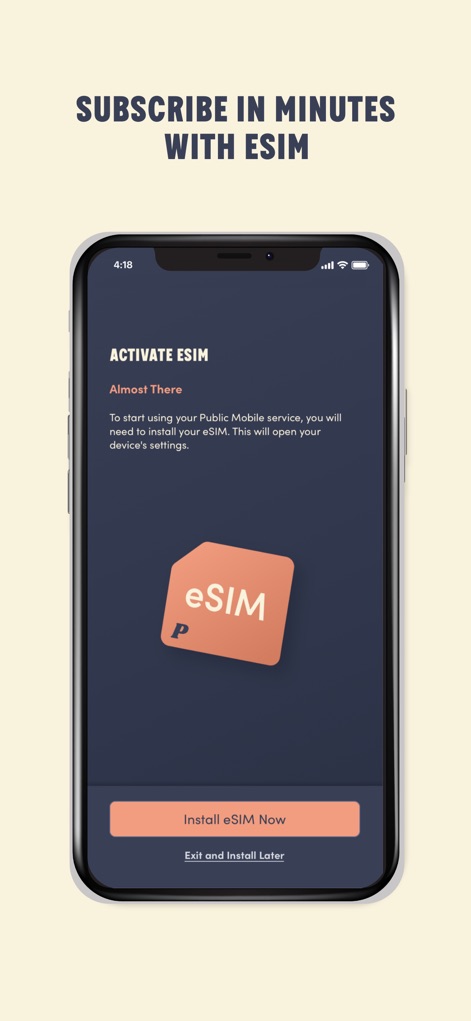 Public Mobile - Este ecrã simplifica a ativação do serviço através do "eSIM", com um botão claro "Install eSIM Now" que facilita a configuração rápida para os usuários.