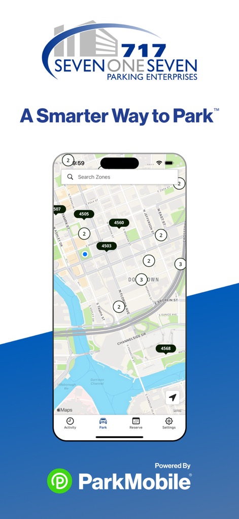 717 Parking - This tool offers a clear map interface displaying available parking zones and a convenient search bar for quick location identification.
