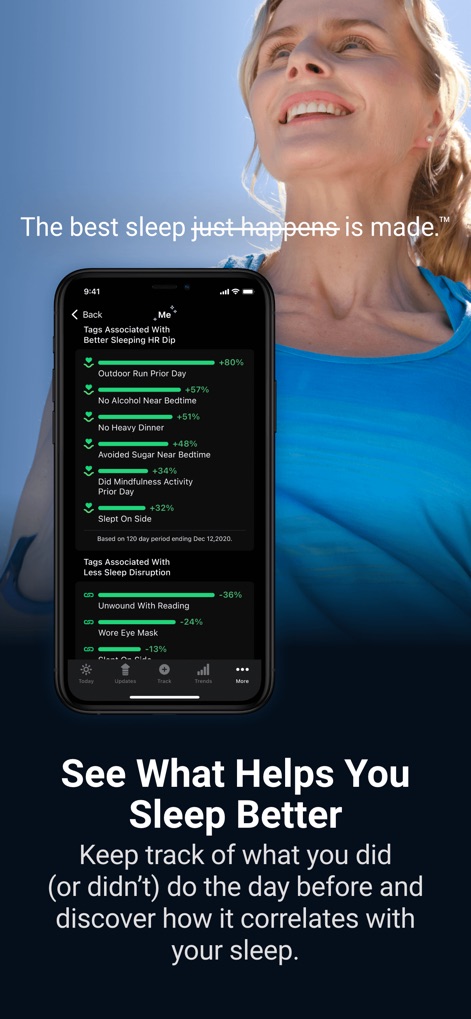SleepWatch - Top Sleep Tracker - This tool reveals impactful "tags associated with better sleeping" like an outdoor run and "tags associated with less sleep disruption" such as unwinding with reading.