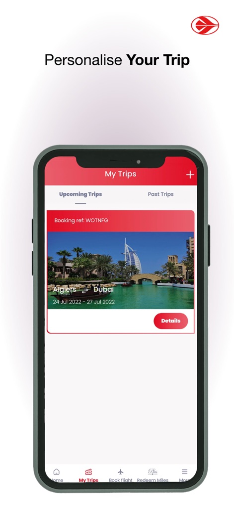 Air Algérie - La sección "My Trips" permite a los viajeros visualizar sus reservas futuras, como la marcada "Algiers - Dubai", y acceder a los "Details" del viaje.