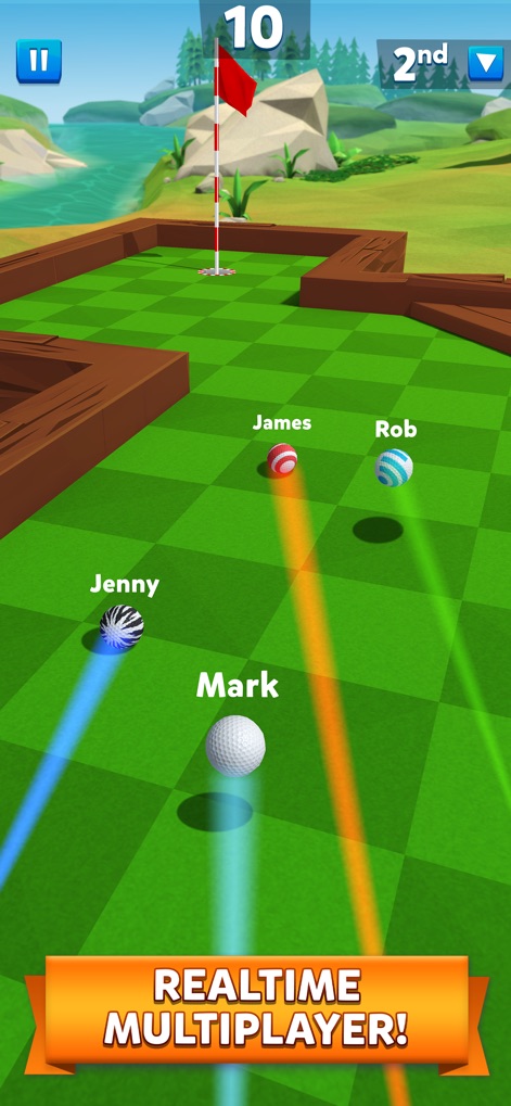 Golf Battle - Esta captura destaca la emocionante acción multijugador en tiempo real, donde los nombres de jugadores como 'James' y 'Jenny' compiten con bolas de golf personalizadas en un vibrante campo verde.