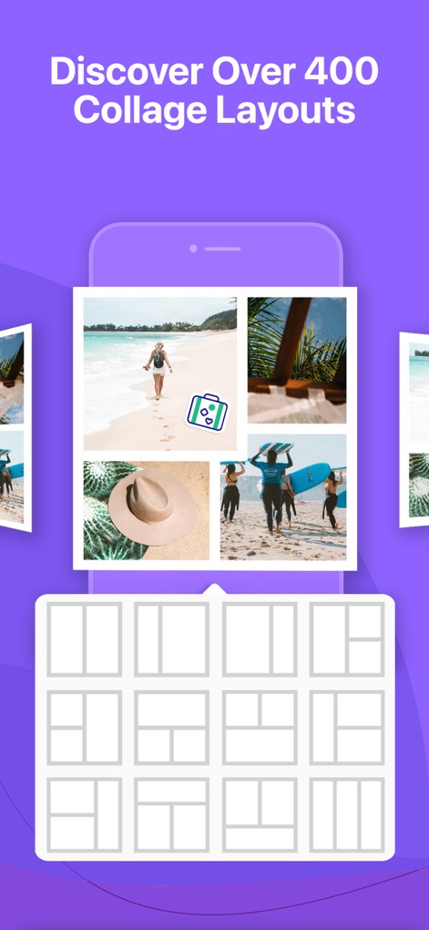 Pic Stitch - Collage Editor - This tool showcases a vast library of over '400 collage layouts' and provides clear visual previews of each 'layout grid'.