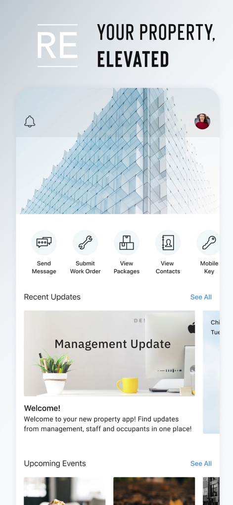 Resident Experience - This app presents a streamlined home screen featuring quick-access icons for essential services and a dynamic "Recent Updates" feed for community news.