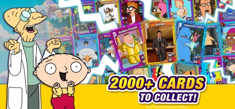 Animation Throwdown: CCG - La aplicación presume una "Colección Ilimitada" de más de "2000+ CARDS" con personajes como el Profesor Farnsworth y Stewie en primer plano, rodeados de una vasta galería de cartas coleccionables.