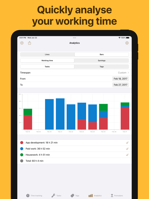 WorkingHours • Time Tracking iPad screenshot 4 - Productivity app