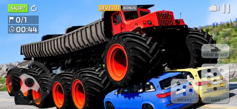 Test Driver: Off-road Style - Experience the sheer power of the app's vehicles, including the massive red dump truck monster, as it demonstrates realistic car deformation when driving over other vehicles.